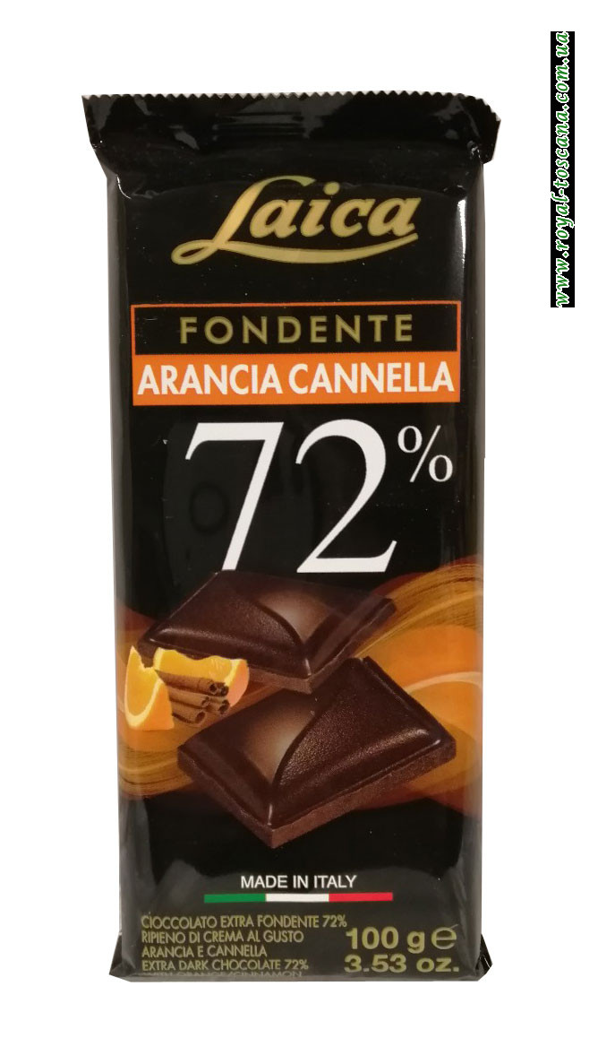 Шоколад черный с апельсином и корицей Laica Fondente Arancia Cannella 72%