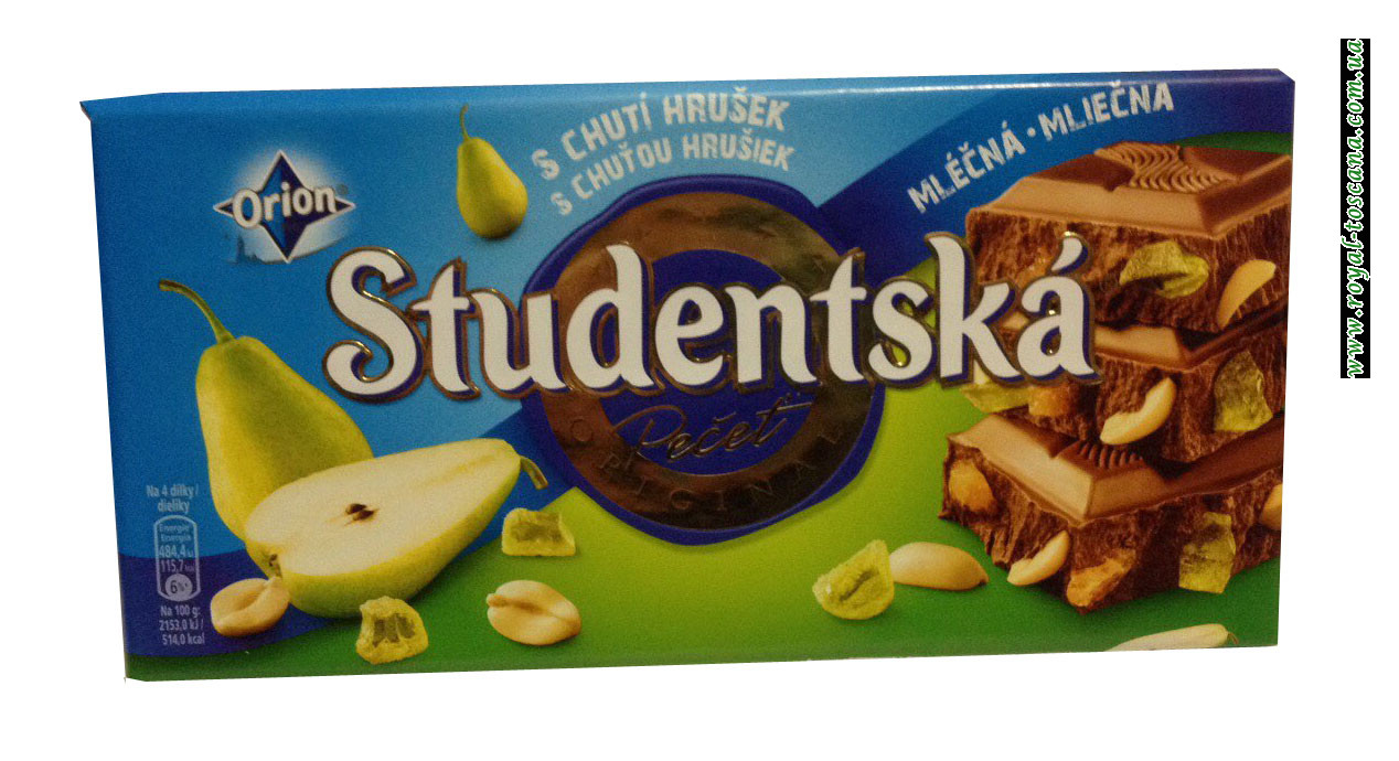 Шоколад молочный с арахисом и грушей Orion Studentska Zele a Kuskami s Chutou Hrusiek 
