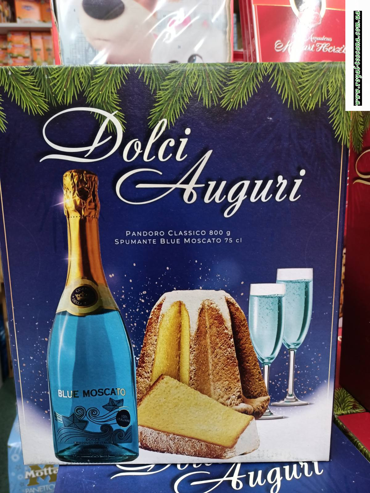 Подарочный Набор Выпечка с тирамису + Вино Moscato Blue Panettone Santangelo Dolci Auguri 908 г