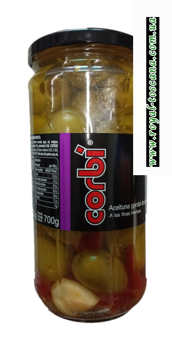 Оливки гигантские без косточки с перчиком и чесноком Corbi 